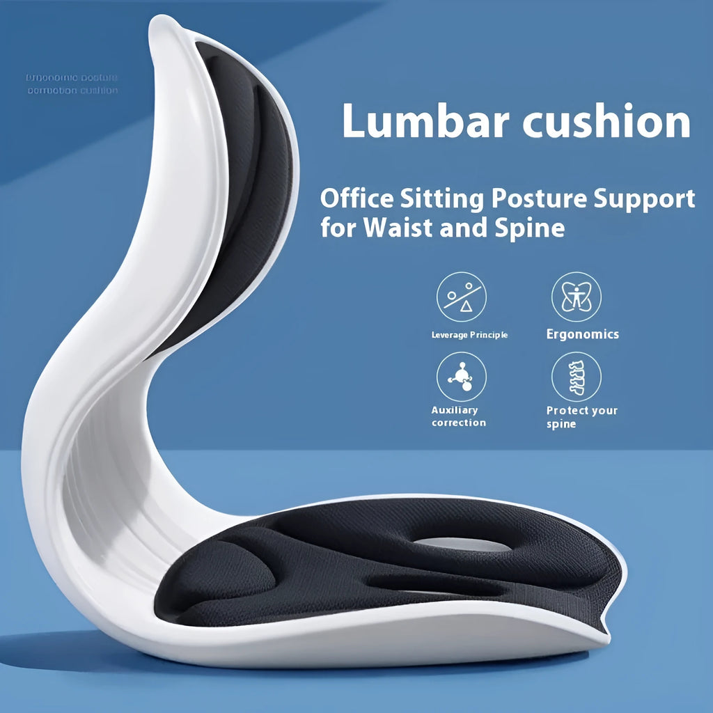 Memory foam backrest cushion with a securing strap shown in a grey colour on a chair.