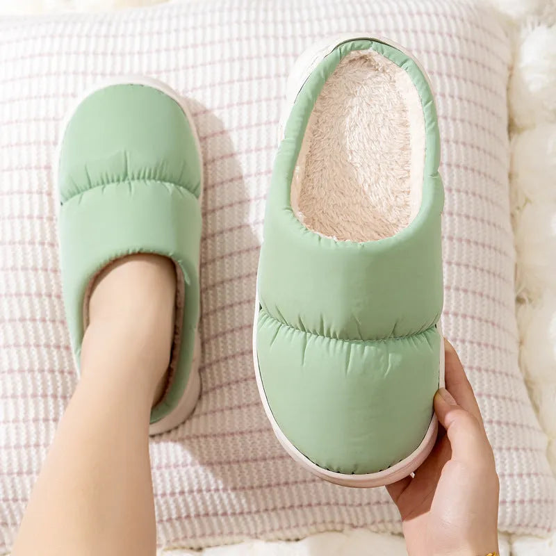 Down cotton slippers with thick rubber soles and artificial leather uppers in multiple colours