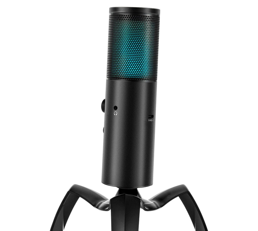 Black Q18 USB condenser microphone with metal tripod and RGB lighting effects