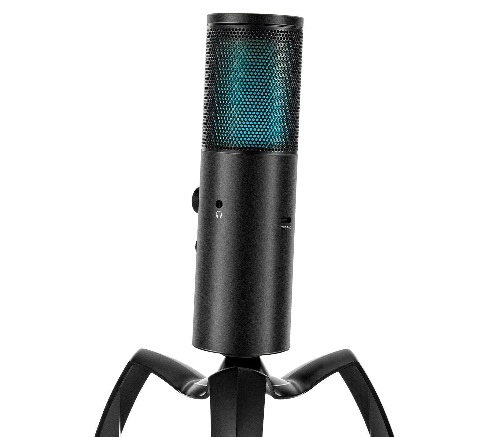 Black Q18 USB condenser microphone with metal tripod and RGB lighting effects