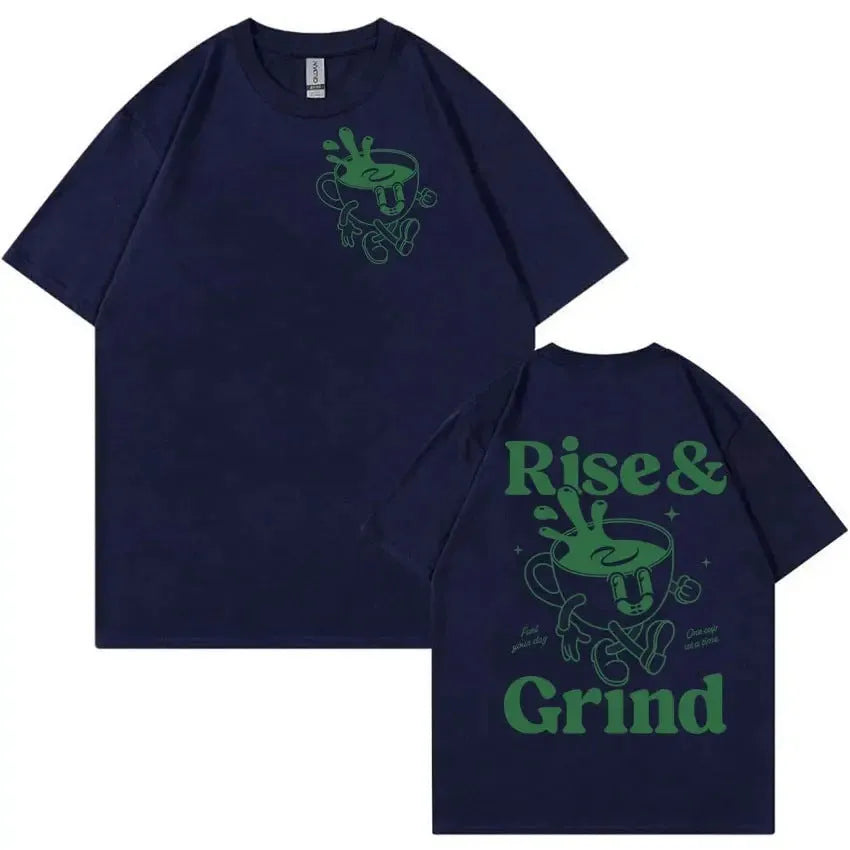 Loose fit linen t-shirt with Rise and Grind cartoon graphic print in multiple colours