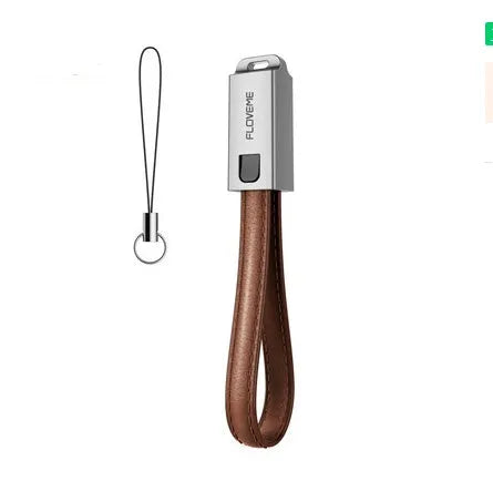 Leather wrapped iPhone charging cable with zinc alloy connector showing 20cm length