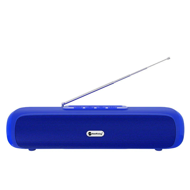 Desktop wireless long strip subwoofer in black, blue, red, or silver grey with USB charging port.