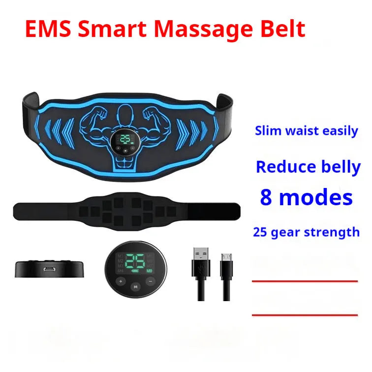Smart EMS massage belt with orange or blue host unit, includes belt strap and arm stickers