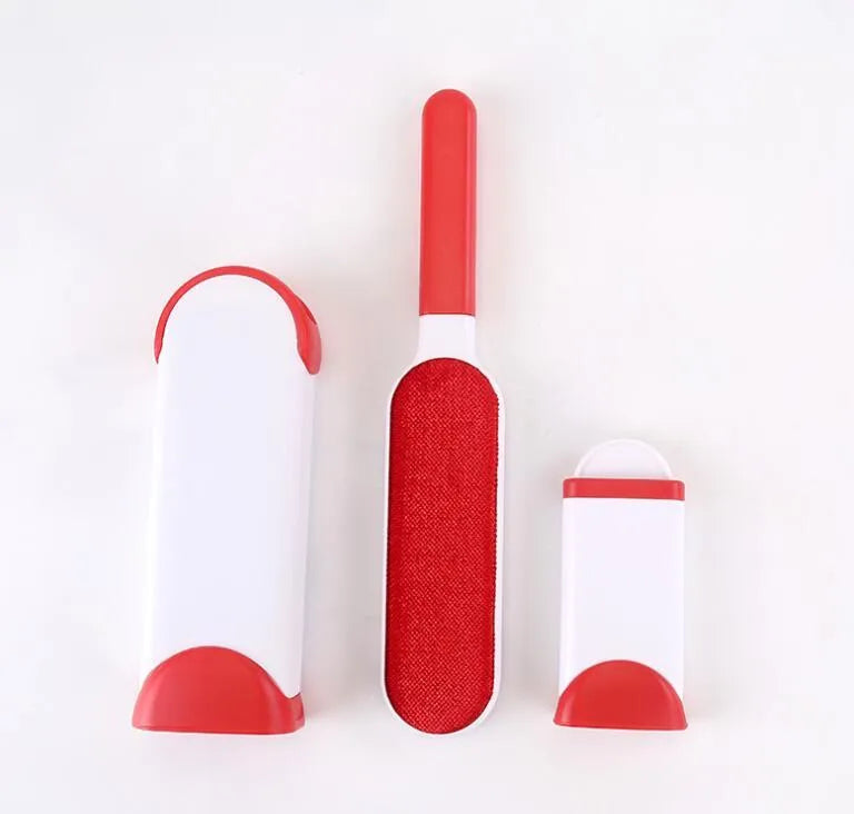 Blue reusable pet hair removal comb with double-sided flannel brush and self-cleaning base for sofas.