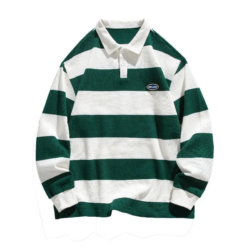 Man's loose fit long sleeve polo shirt with Hong Kong style stripes in pearl cotton fabric, shown in coffee colour.