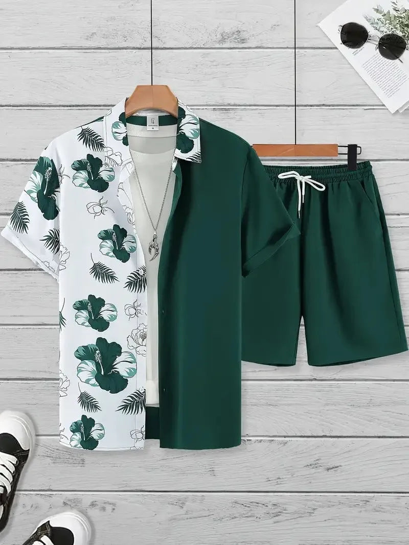 Men's 3D printed Hawaii-style short sleeve top and matching shorts casual summer suit