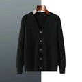 Men's V-neck cardigan coat in Andy velvet fabric showing loose fit and long sleeve design