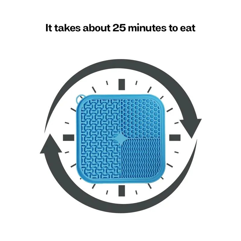 Blue silicone dog lick mat with textured surface and suction cups on back, shown on a tiled floor.