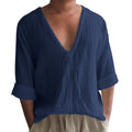 Men's solid colour long sleeve V-neck T-shirt in washed cotton and linen blend.