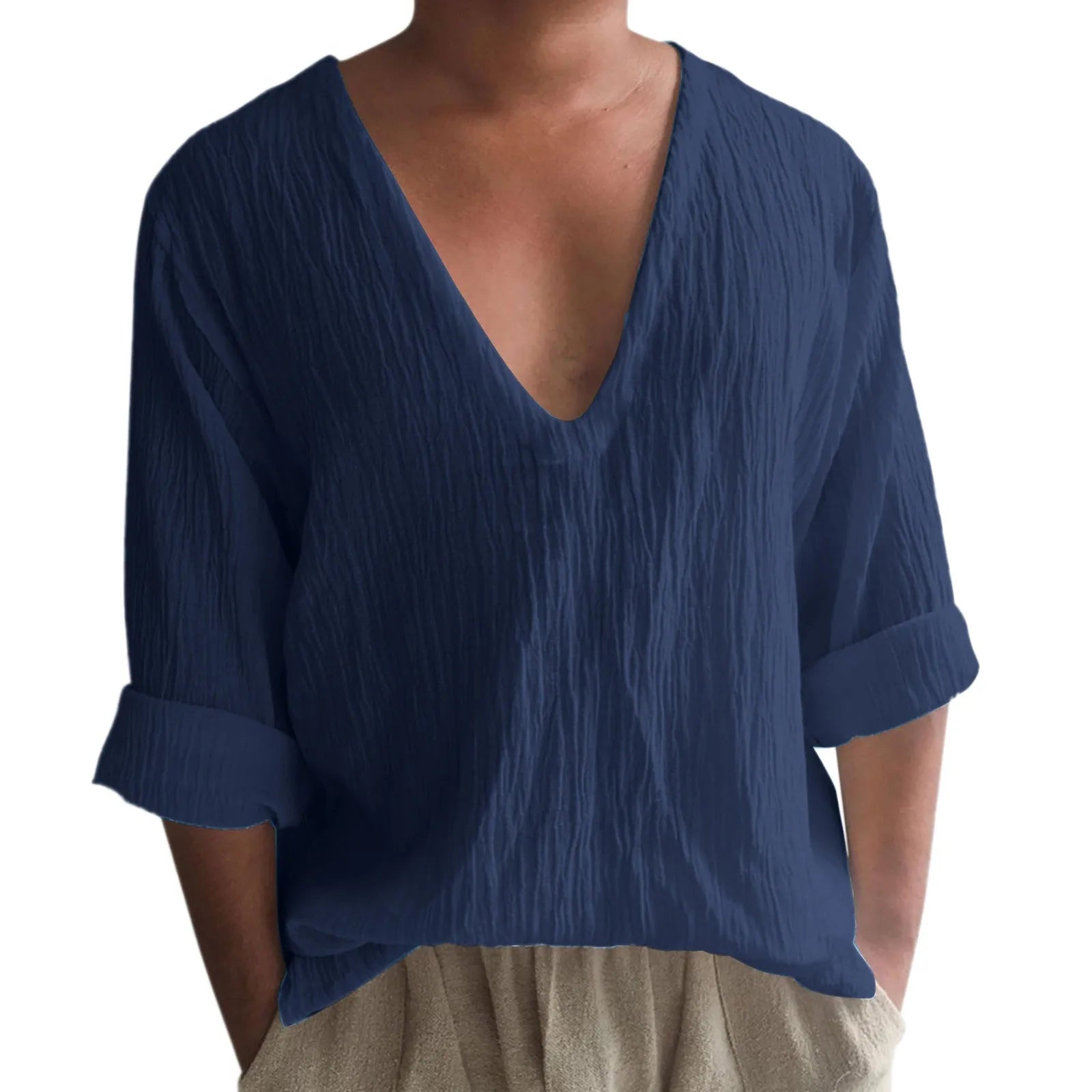 Men's solid colour long sleeve V-neck T-shirt in washed cotton and linen blend.