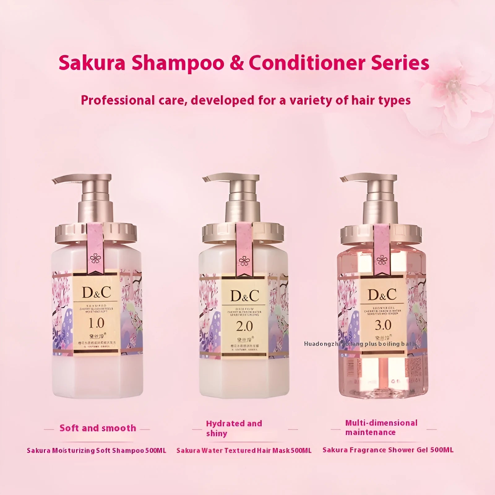 Sakura shampoo, conditioner and shower gel 3-in-1 wash kit with three 500ml bottles