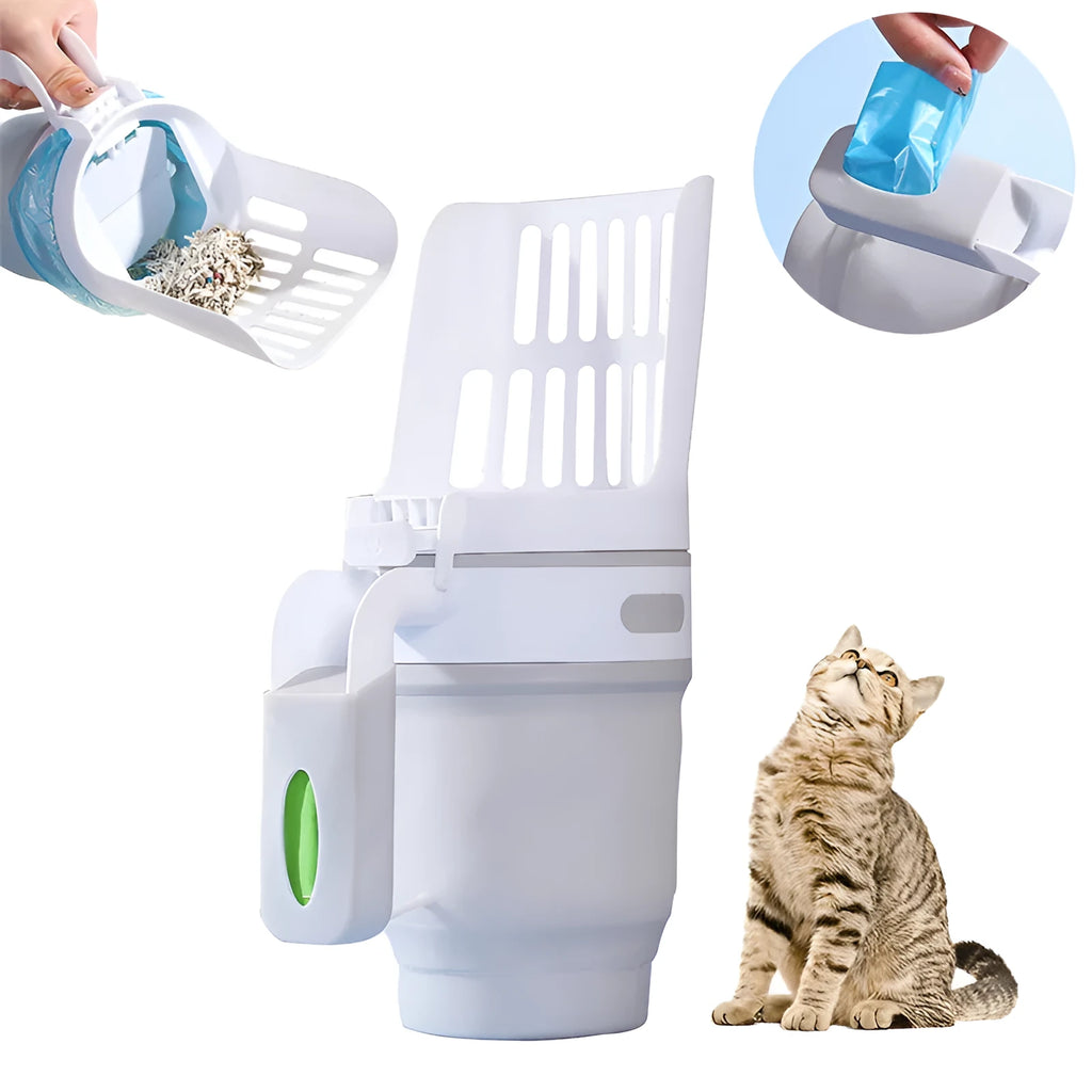 Grey cat litter scoop attached to a waste bin with a lid, showing foldable bottom and non-slip handle.