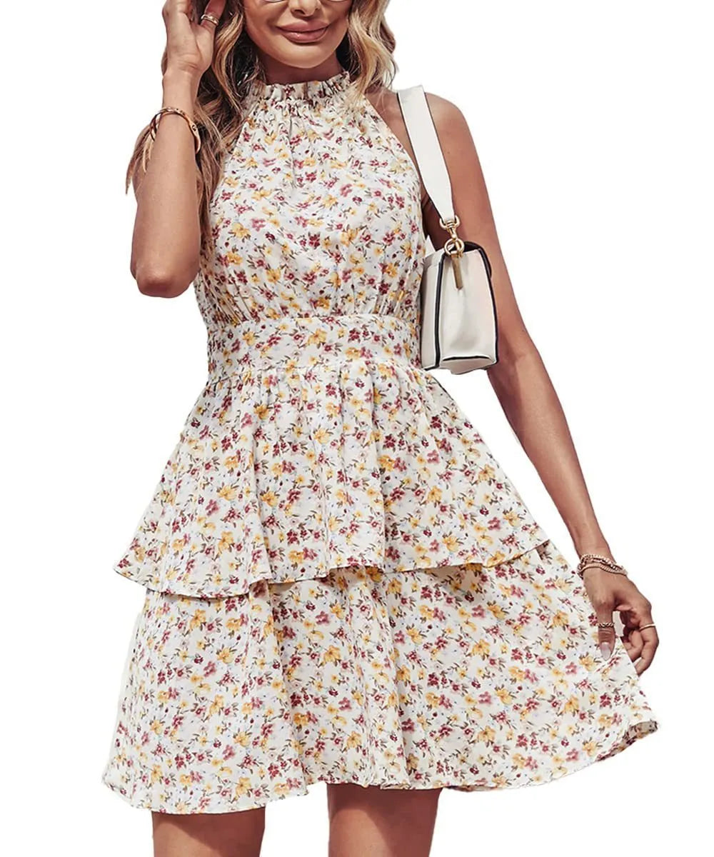 Women's backless halter dress with ruffled A-line skirt in a boho print