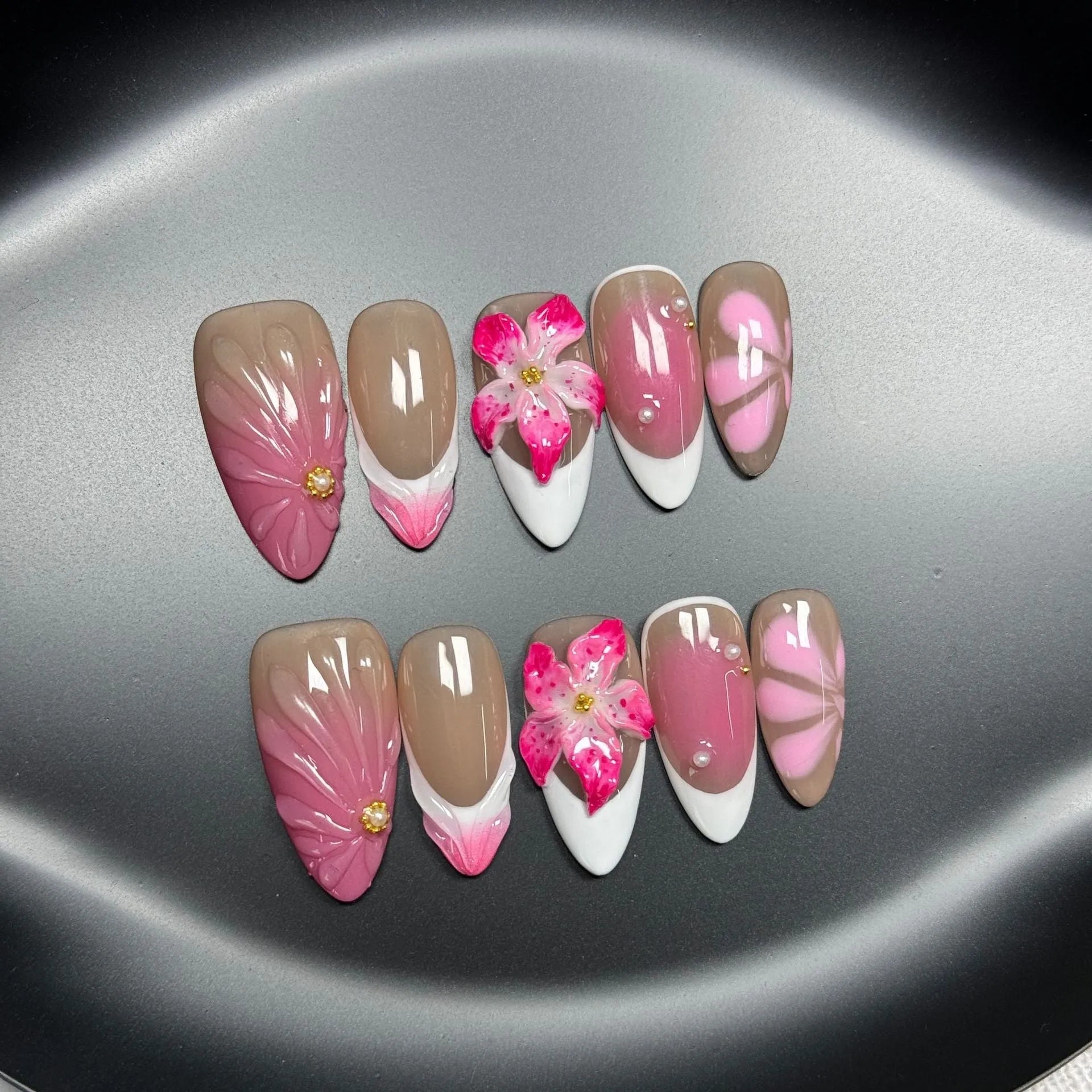French style lily and ice flower three-dimensional plastic artificial nails in almond shape
