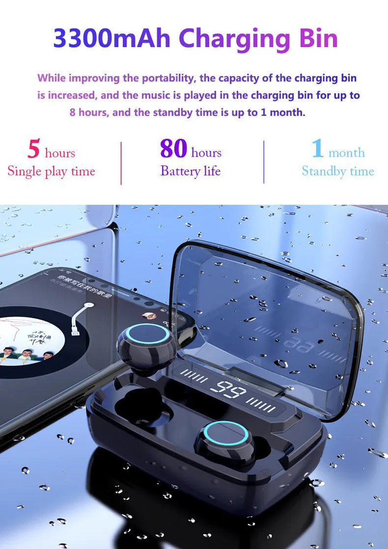 Black M11 style Bluetooth wireless headset with digital display and mobile phone holder.