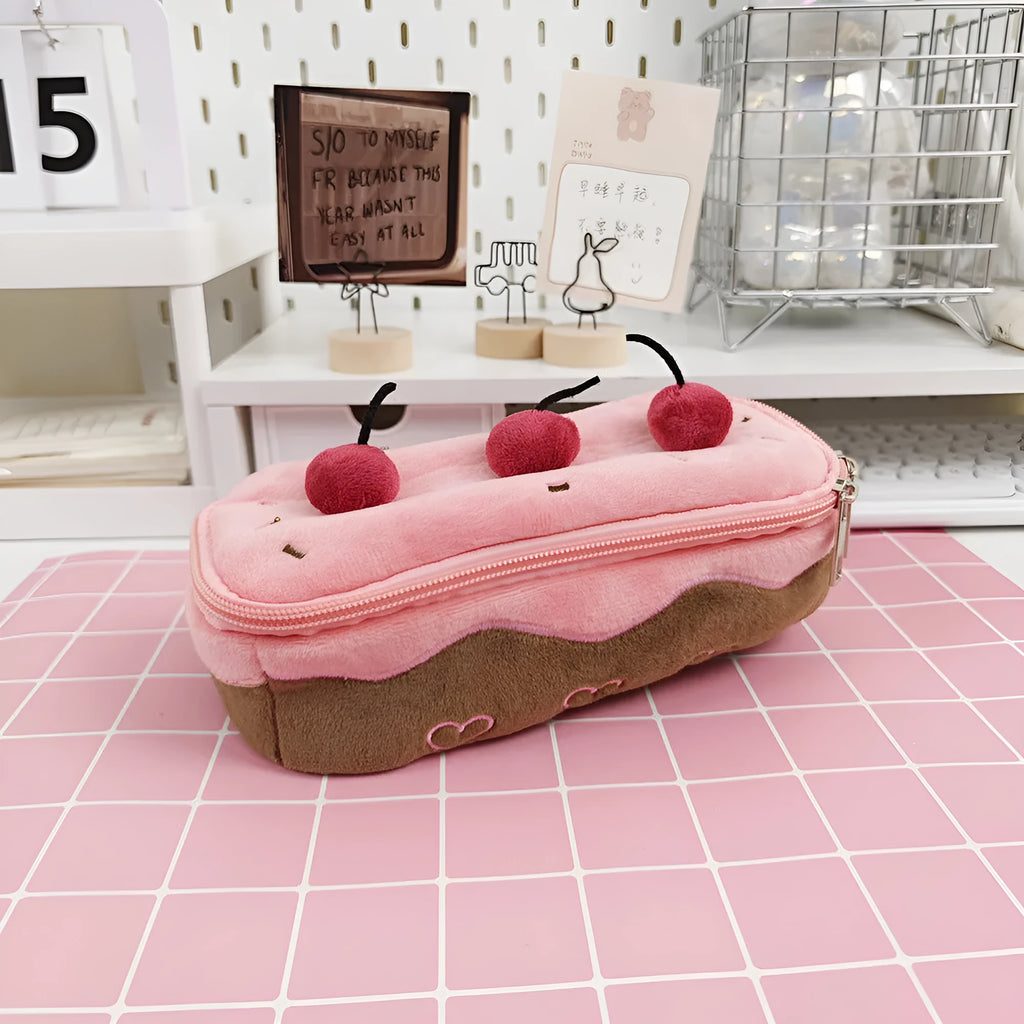 Korean style velvet pencil case in cherry cake plush design with zip closure