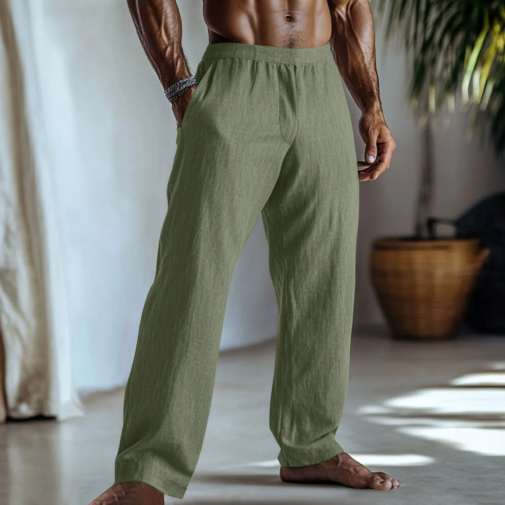 Cotton and linen straight-leg casual trousers with side pockets in light green colour