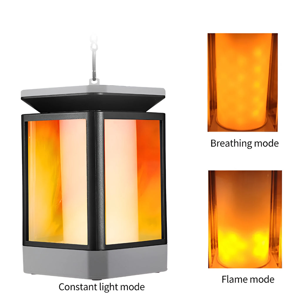 Black antique flame style solar LED outdoor street lamp with solar panel on top.