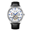 Men's stainless steel mechanical watch with sapphire crystal glass and genuine leather strap