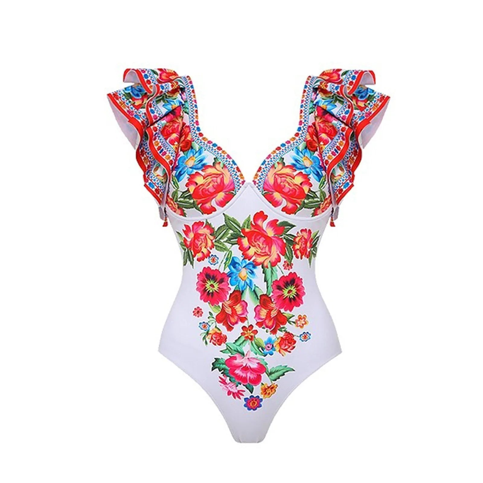 Women's printed one-piece swimsuit with a matching skirt cover-up in a rose pink floral pattern.