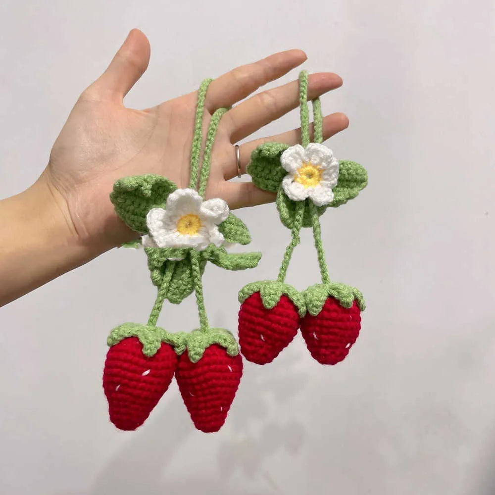 Handmade strawberry-shaped car pendant woven from cotton and hemp using knitting wool techniques