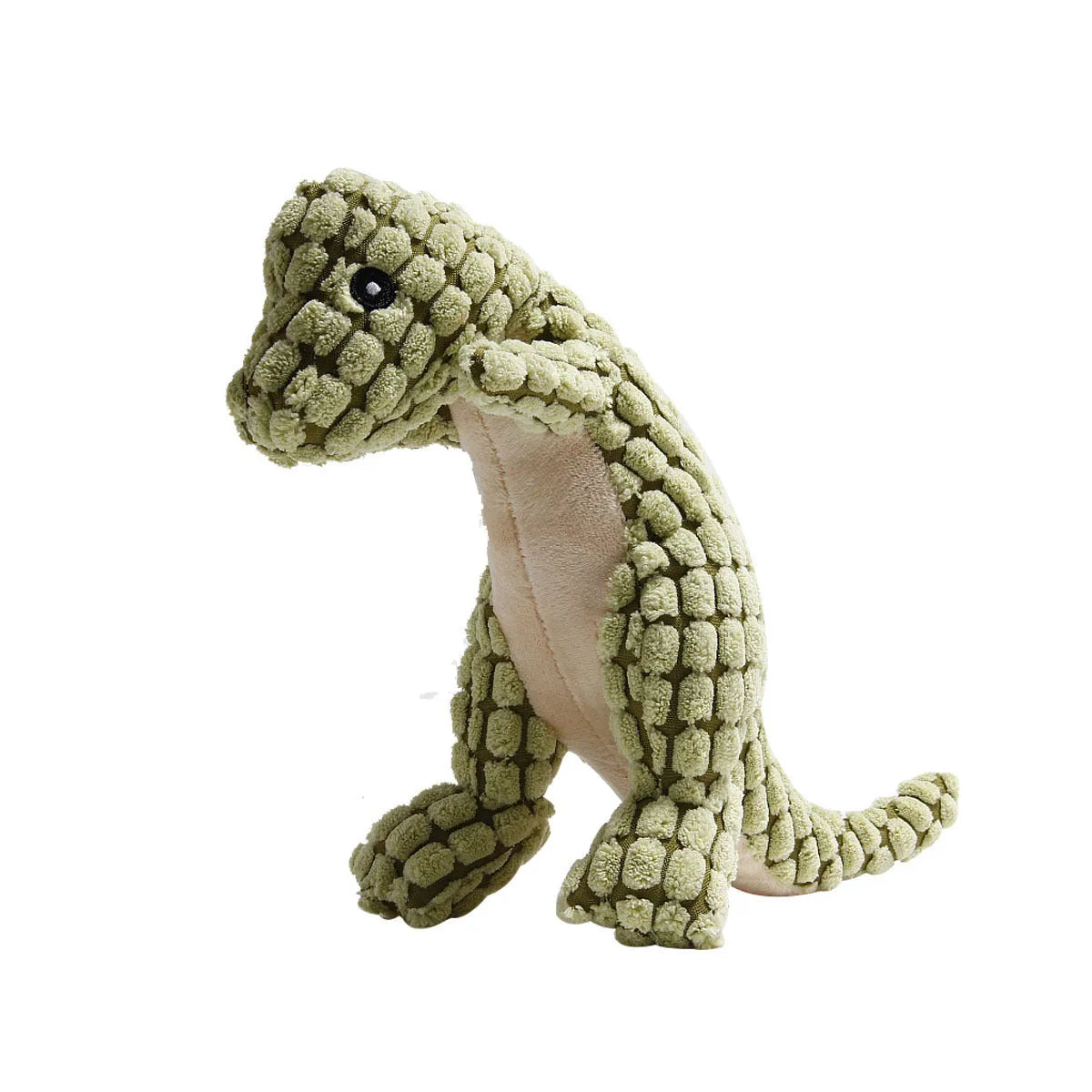 Grey, green, and orange coloured dog chew toy with sound, shown with size scale.