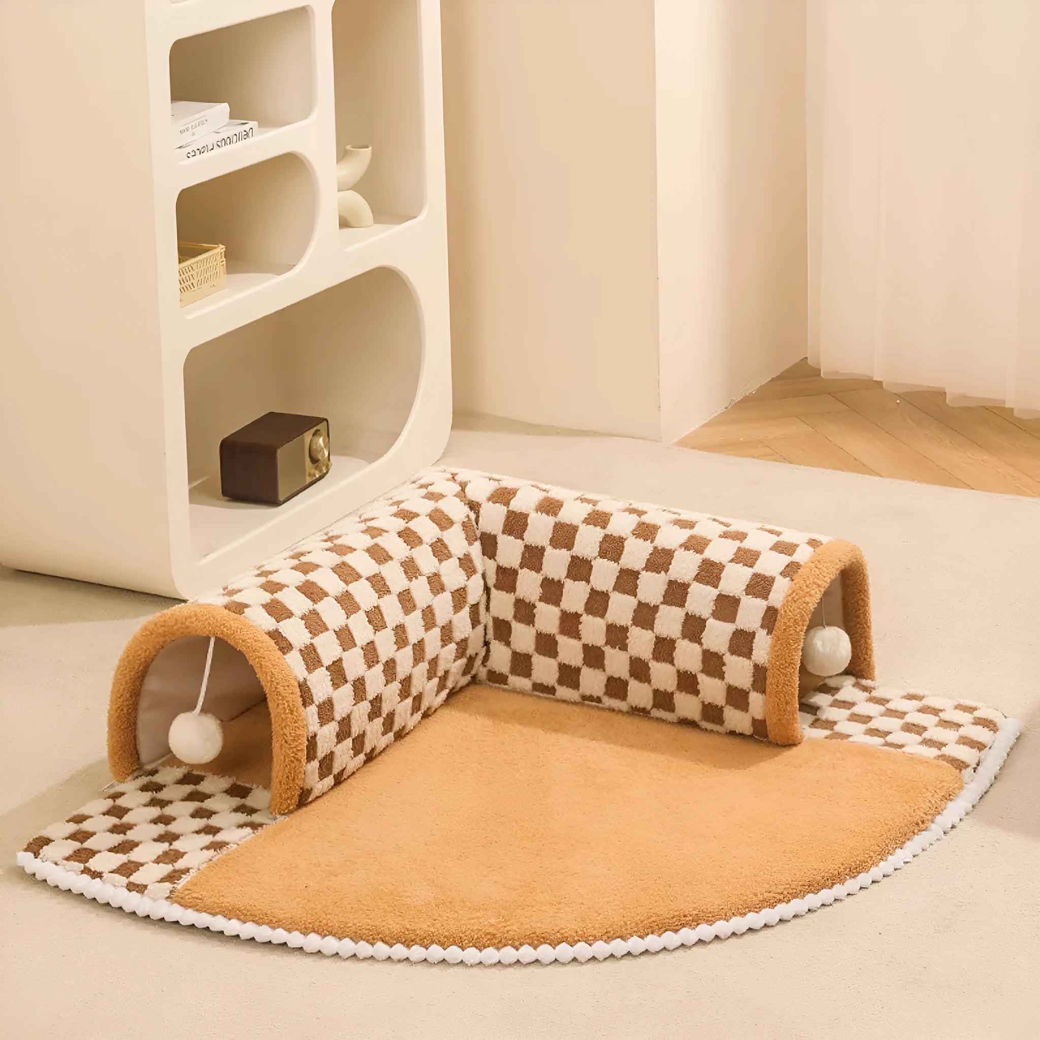 Fan-shaped plush pet bed with integrated tunnel, XL size 80cm, coffee colour with anti-slip base