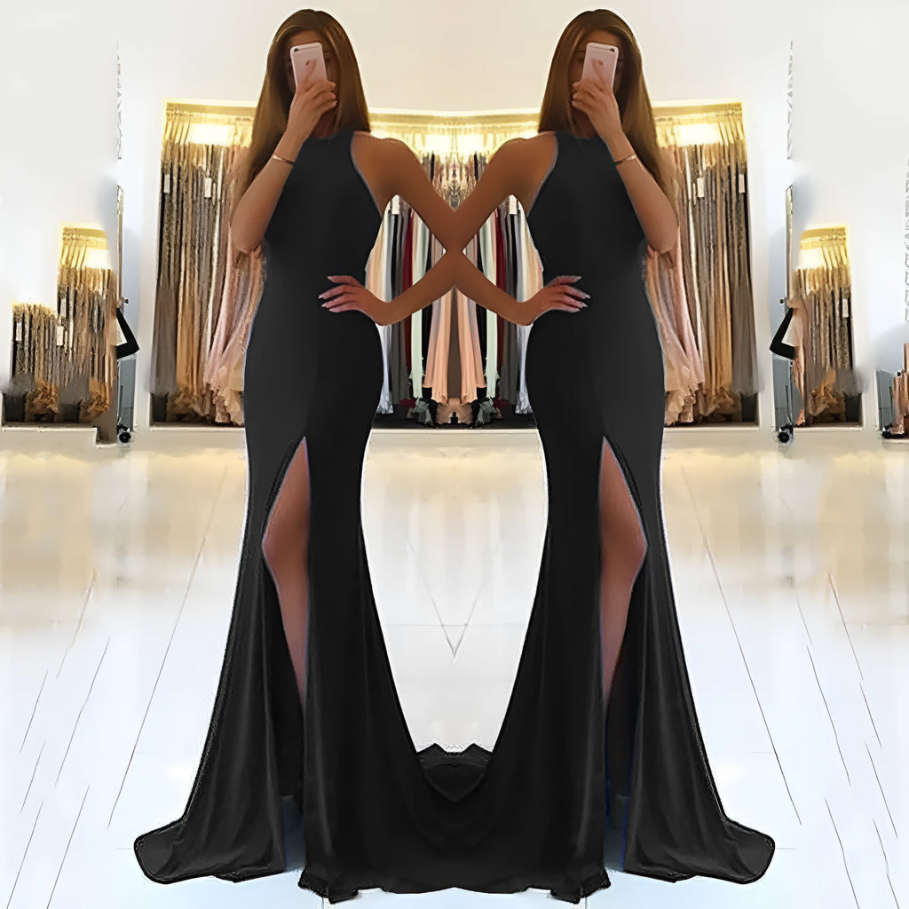 Red long evening dress with hollow design detail, large swing skirt, and high waist.