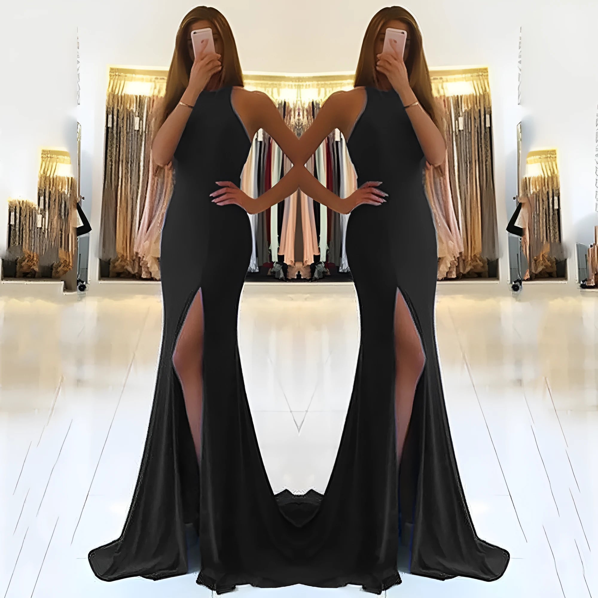 Red long evening dress with hollow design detail, large swing skirt, and high waist.