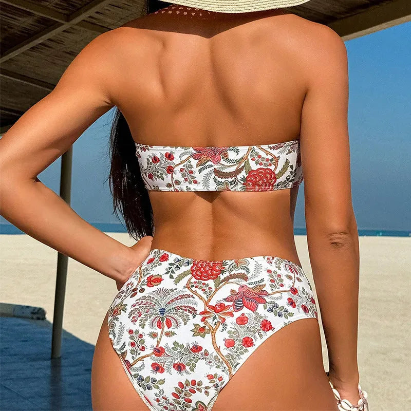 Women's printed bandeau swimsuit and matching shorts set on mannequin