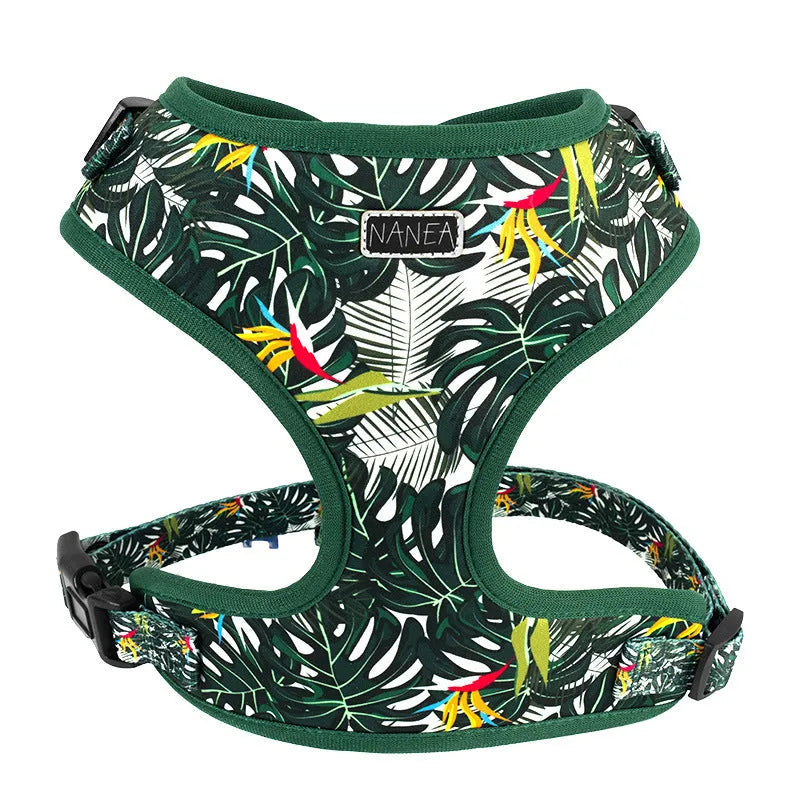 Adjustable cloth pet vest harness set with haulage rope, collar, waste bag, bow tie, and triangular scarf in six-piece package.