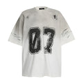 Men's black and white printed short-sleeved cotton T-shirt on a size chart.