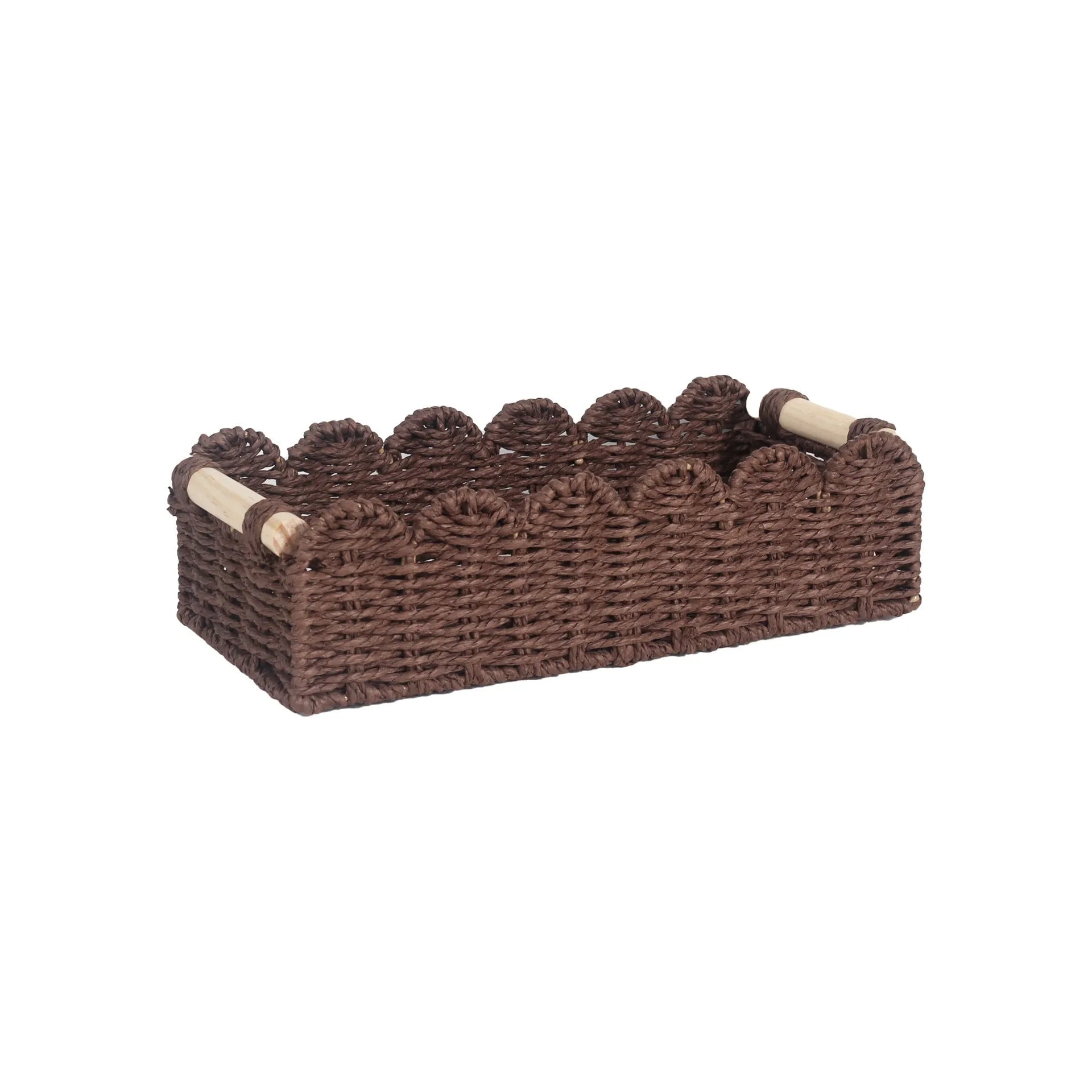Woven paper storage basket measuring 35.5cm x 16cm x 10cm in khaki colour on desktop