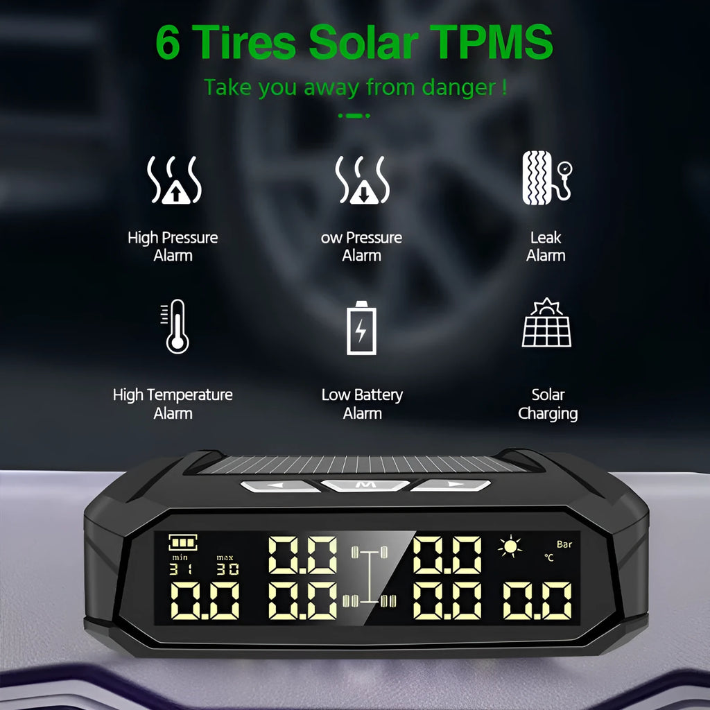 Solar external tyre pressure monitor for six tyres with colour LCD display and wireless sensors