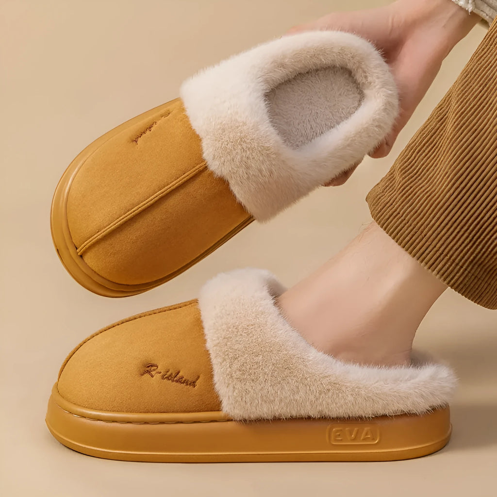 Fluffy winter slippers in gray with non-slip PVC sole, suitable for indoor home wear by men and women