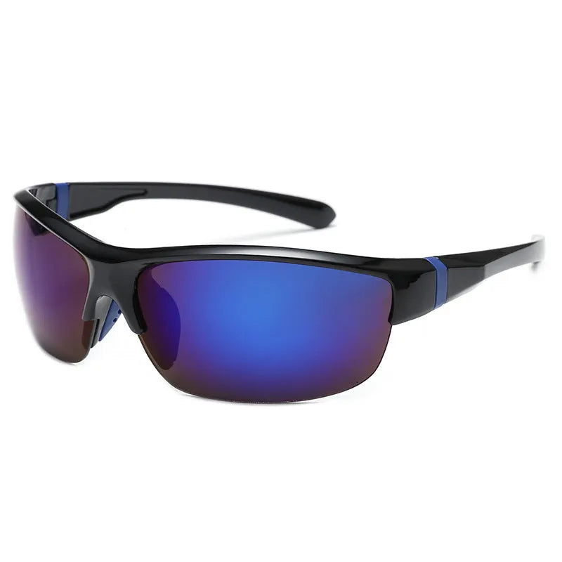 Men's semi-frameless windproof sports sunglasses for cycling in Bright Black Blue Mercury colour