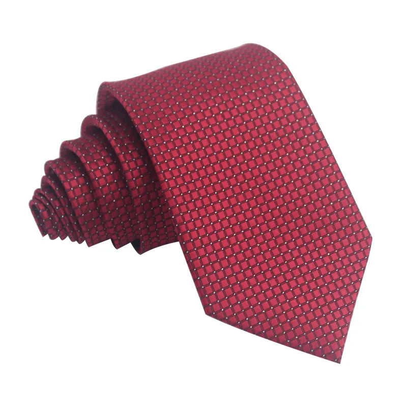 Men's red and black striped polyester jacquard tie with an arrow shape laid flat
