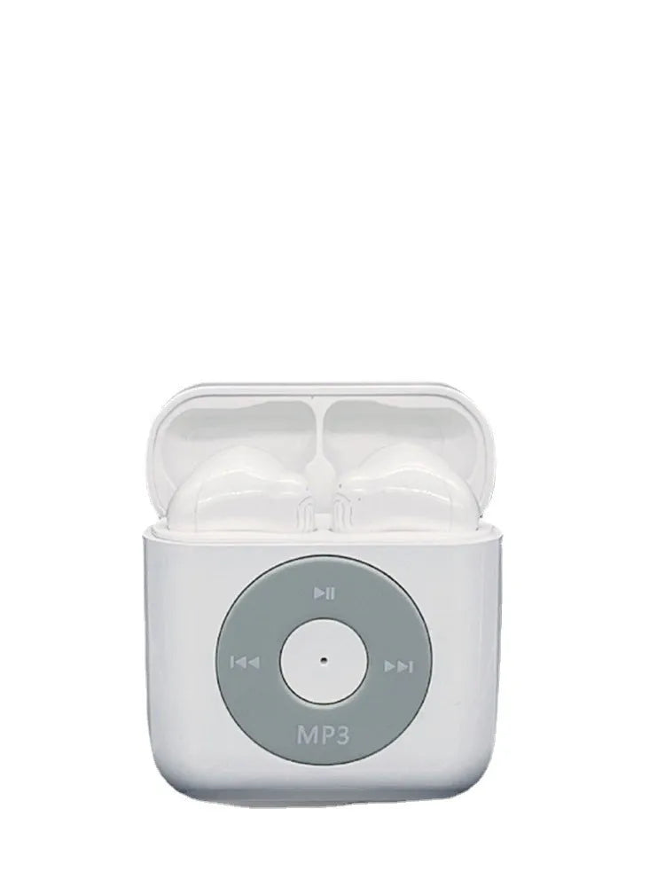 White wireless Bluetooth earphones with charging case, semi in-ear design with noise reduction.