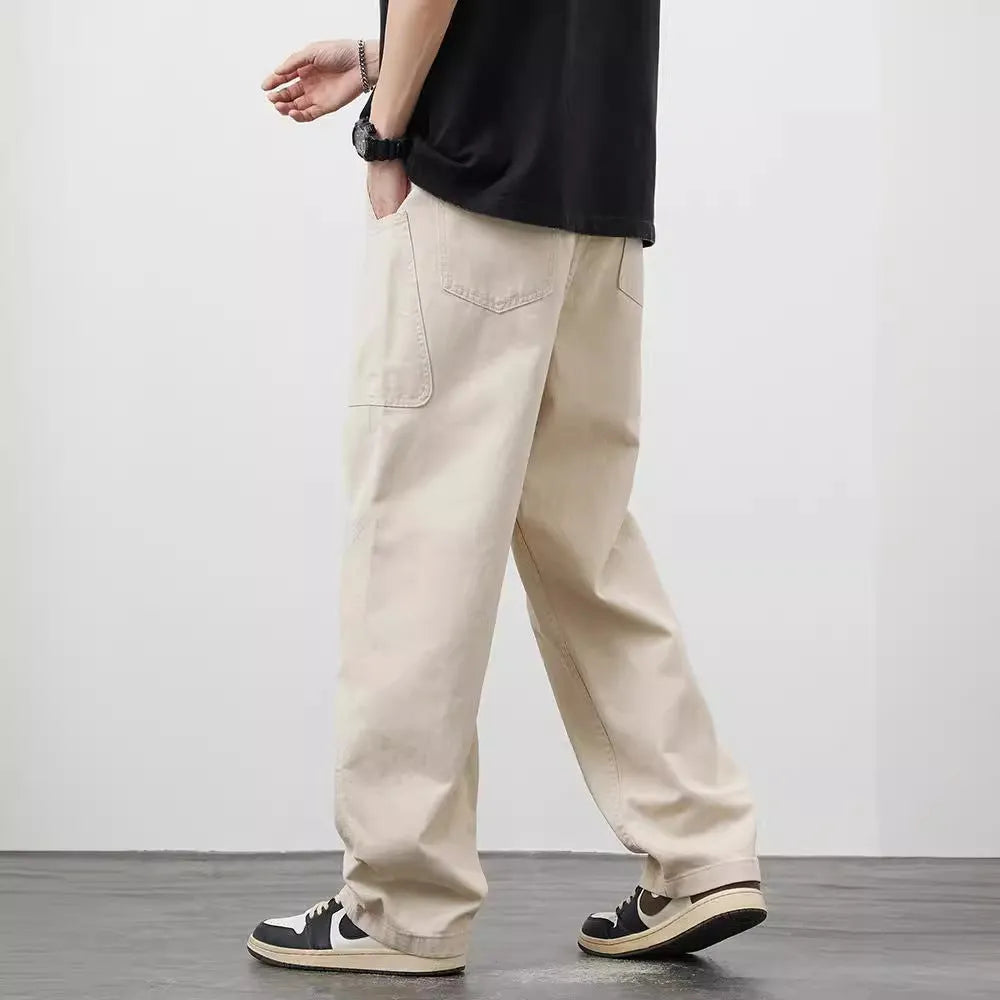 Loose-fit cotton cargo trousers in apricot with large side pockets