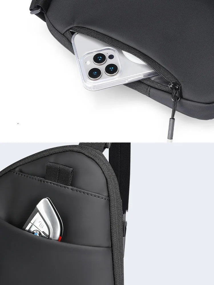 Men's elegant black Oxford cloth crossbody bag with sewing thread detail