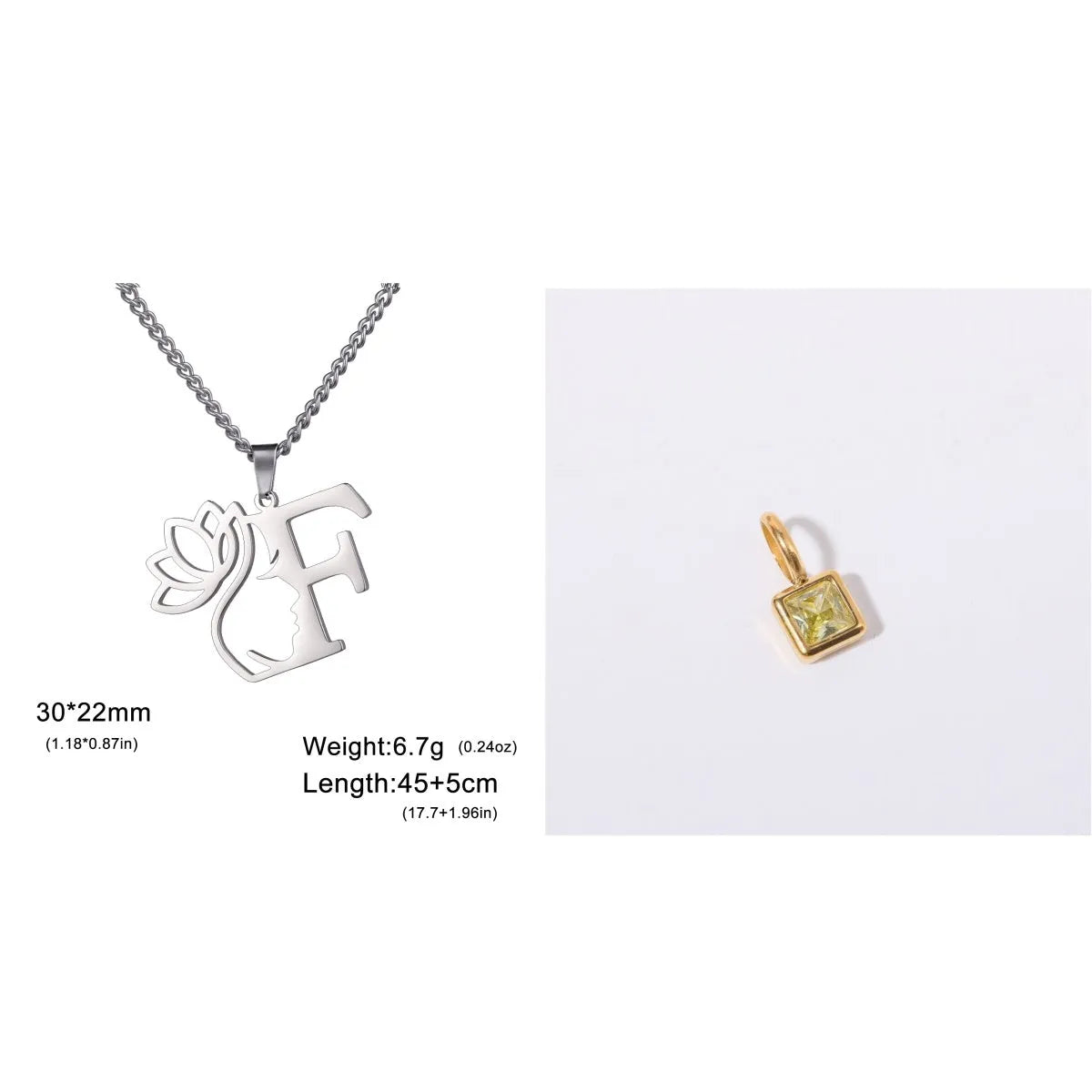 Stainless steel necklace with a single alphabet letter pendant on a cross chain, in gold or silver colour.