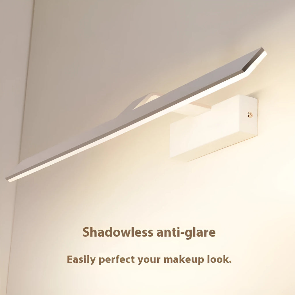 White LED bathroom mirror headlight with illuminated surface and three light colour settings.
