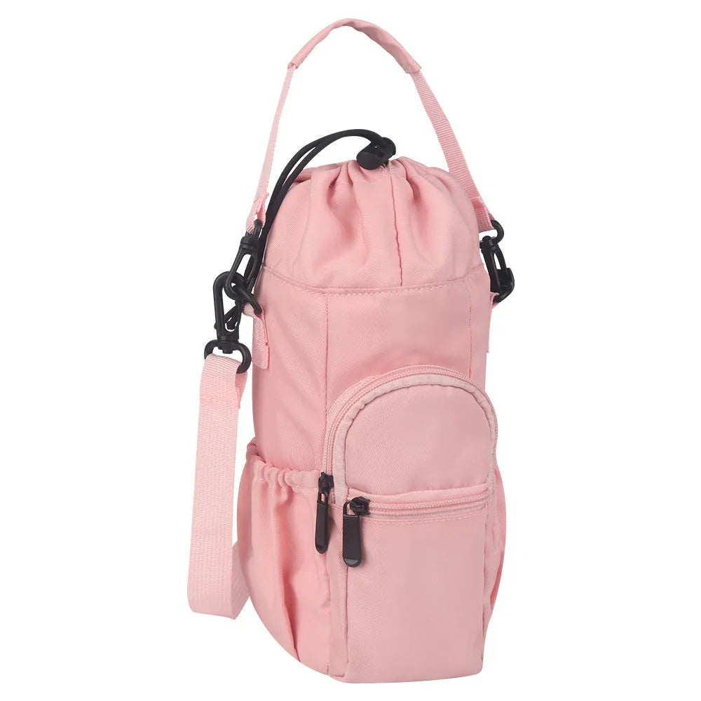 Cloth water bottle shoulder bag with crossbody strap in black, green and pink colour options