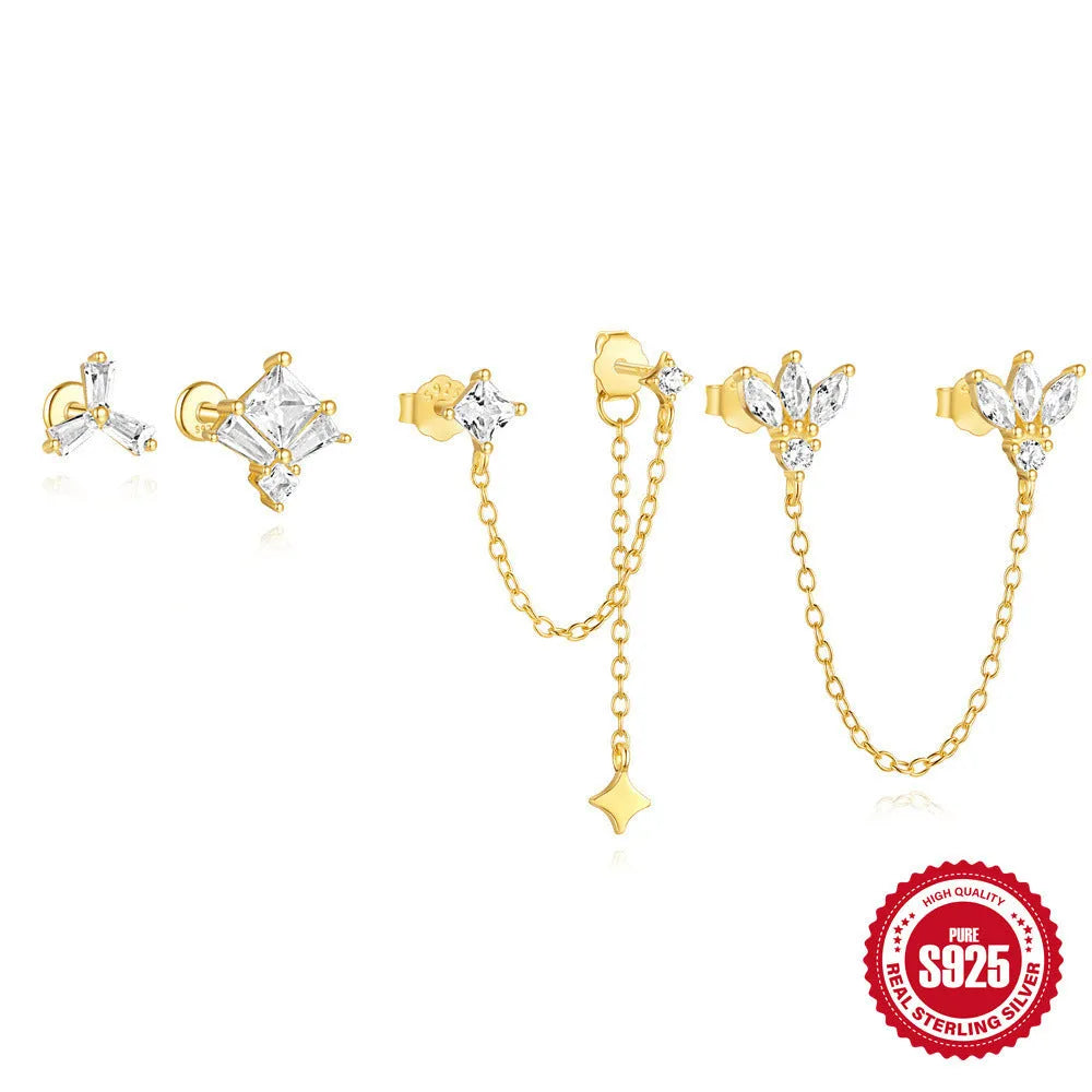 S925 sterling silver double ear piercings stud earrings with zircon inlaid chain in golden geometric designs