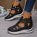Black women's platform sandals with hollow-out design and Velcro strap