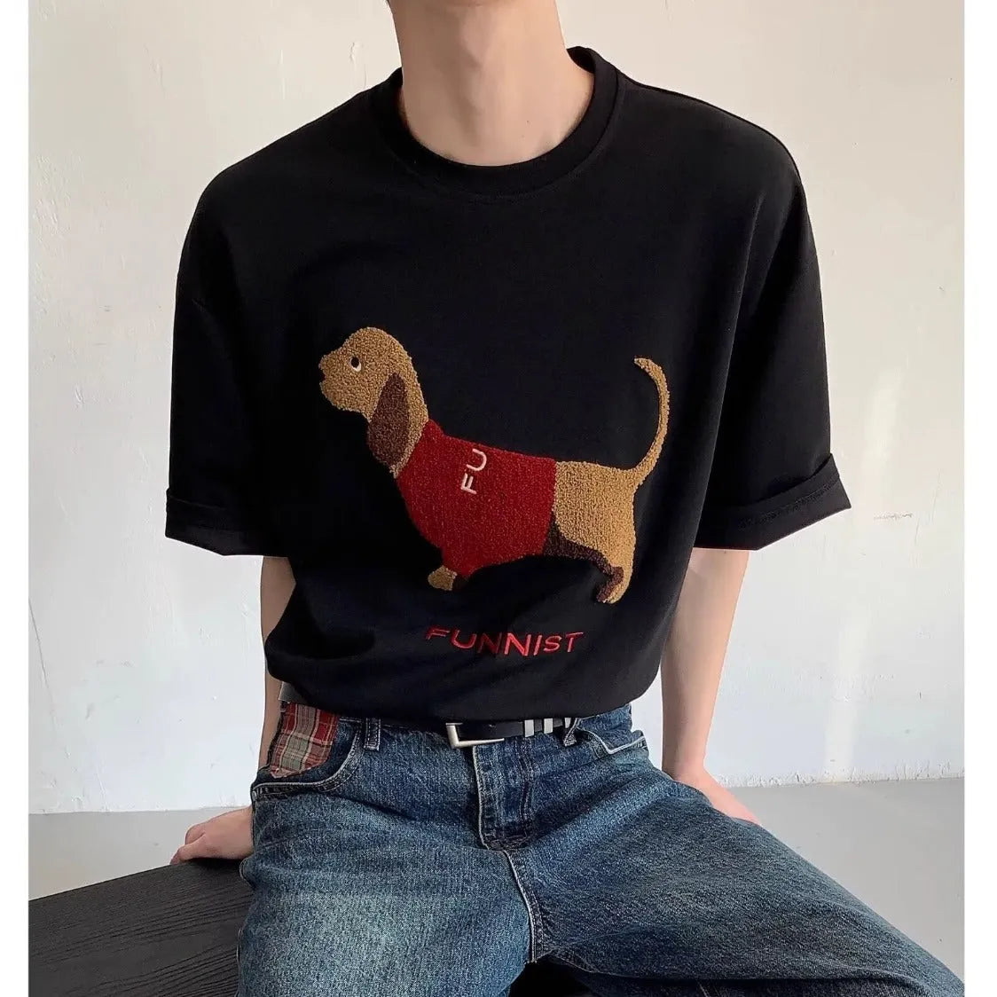 Men's grey t-shirt with embroidered sausage dog design on chest, round neck, short sleeves.