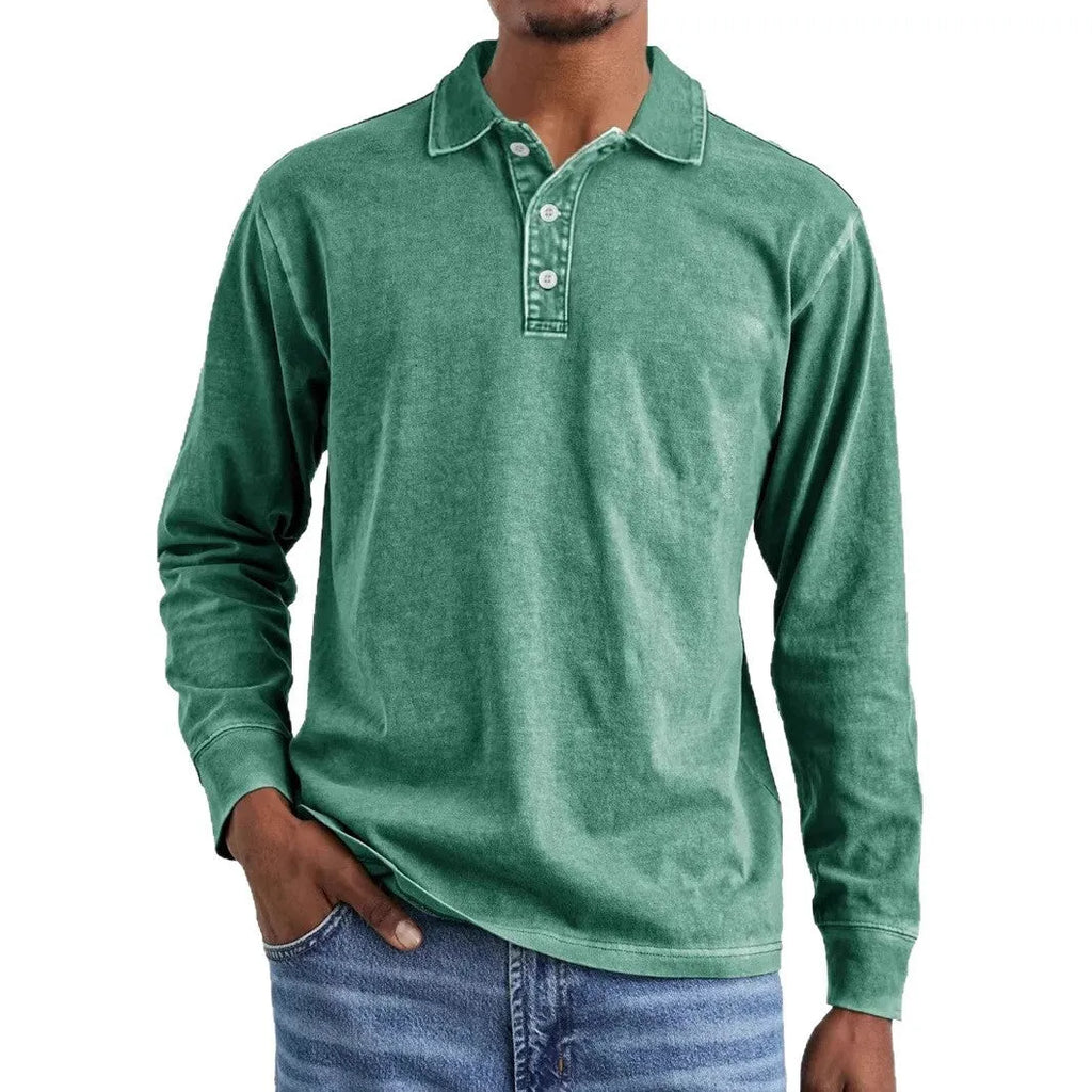 Retro washed distressed cotton lapel polo shirt in long sleeve design on mannequin