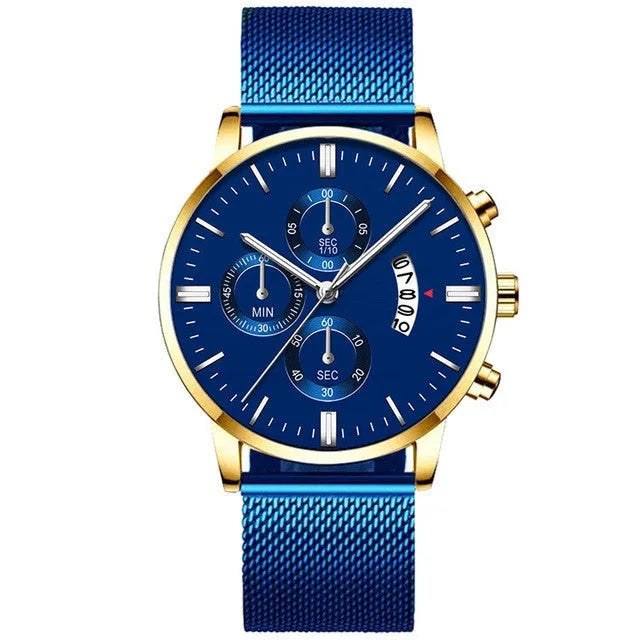 Men's stainless steel quartz watch with mesh band in a two-tone colour option.