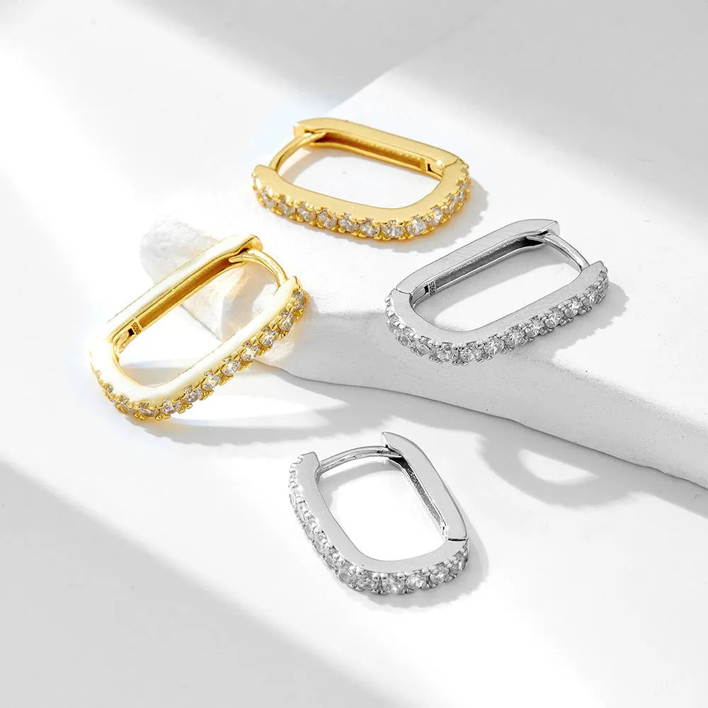 S925 sterling silver oval zircon ear clips with geometric quadrilateral design